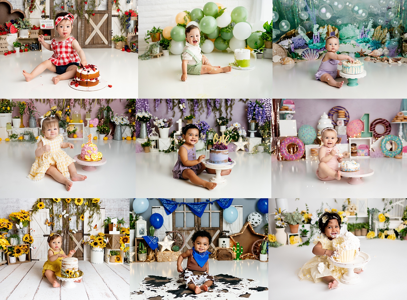 collage of cake smashes in tiny loves photography Gilbert studio